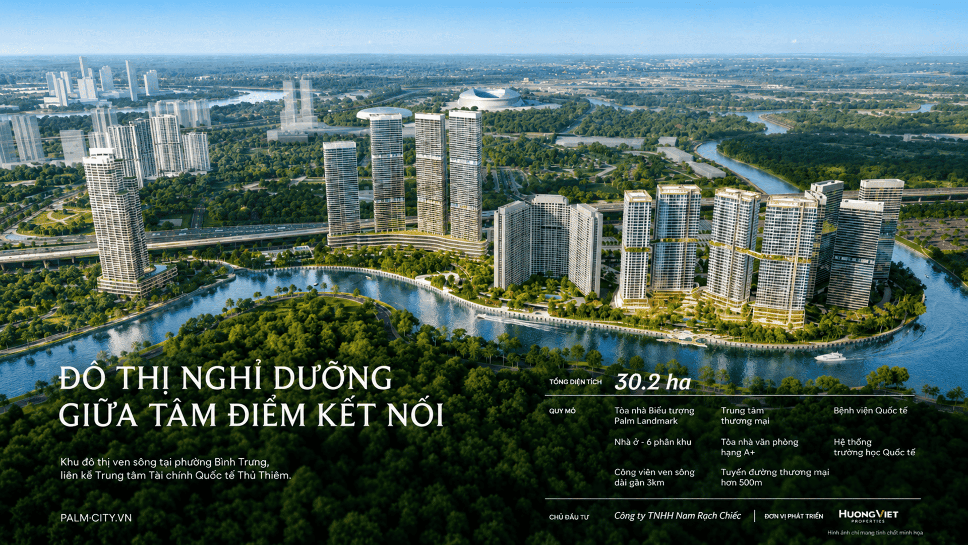Phối cảnh tổng thể dự án Palm City Nam Rạch Chiếc quận hai mang đến không gian sống hiện đại đẳng cấp quốc tế cùng hệ thống tiện ích vượt trội. tổng quan dự án Palm City mang phong cách kiến trúc hiện đại mở ra tầm nhìn khoáng đạt bên dòng sông xanh mát.
