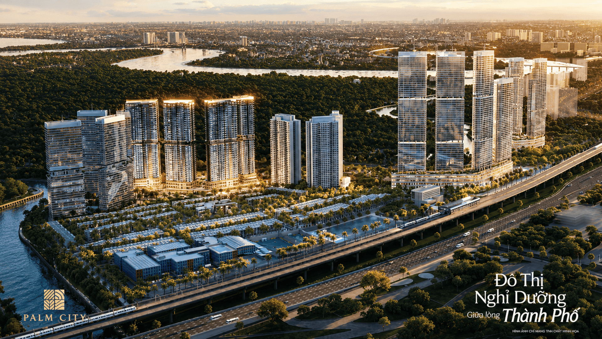Tòa nhà hiện đại Palm River lung linh tỏa sáng rực rỡ giữa bầu trời đêm nhờ hệ thống đèn chiếu sáng nghệ thuật được đầu tư quy mô lớn. Công viên ven sông trải dài tại Palm City tạo nên bầu không khí trong lành mát mẻ và không gian thư giãn lý tưởng cho mọi gia đình.