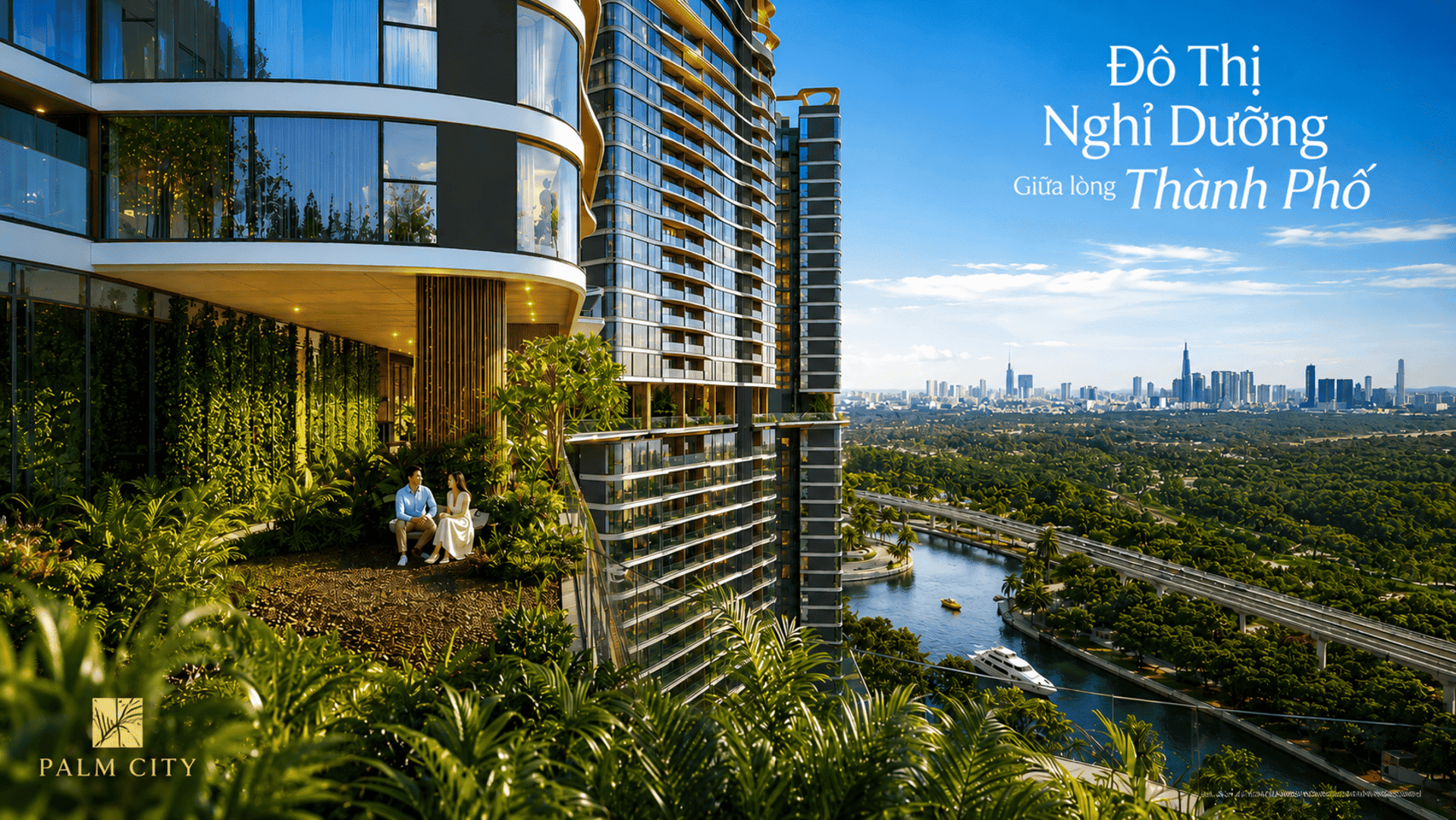 Từ ban công tòa nhà hiện đại Palm River cư dân có thể phóng tầm mắt ngắm nhìn trọn vẹn dòng sông thơ mộng hiền hòa ngay trước mắt. Phối cảnh tổng quan dự án Palm City mang phong cách kiến trúc hiện đại mở ra tầm nhìn khoáng đạt bên dòng sông xanh mát.